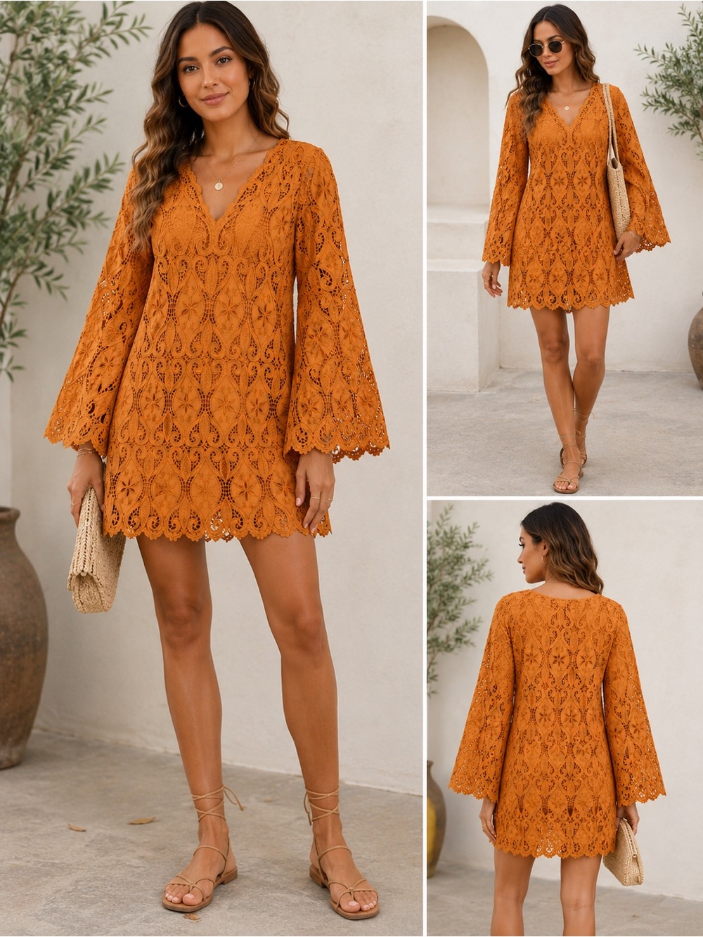 NWT H&M Orange Embroidered Eyelet Bell Sleeve Mini Dress L